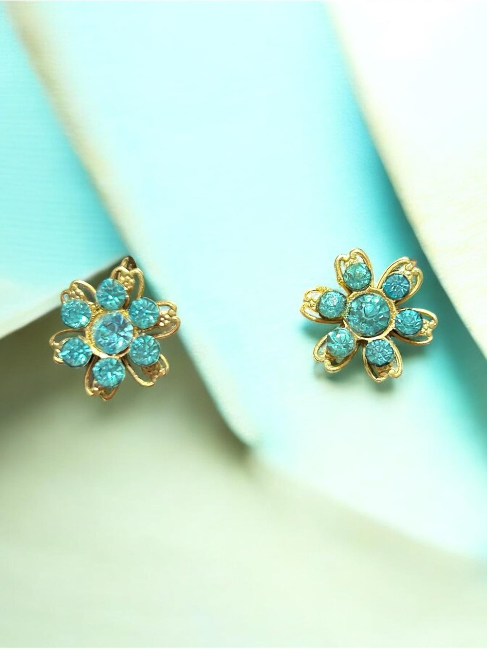 Gold Floral Stud Clip On Earrings with Turquoise Crystals